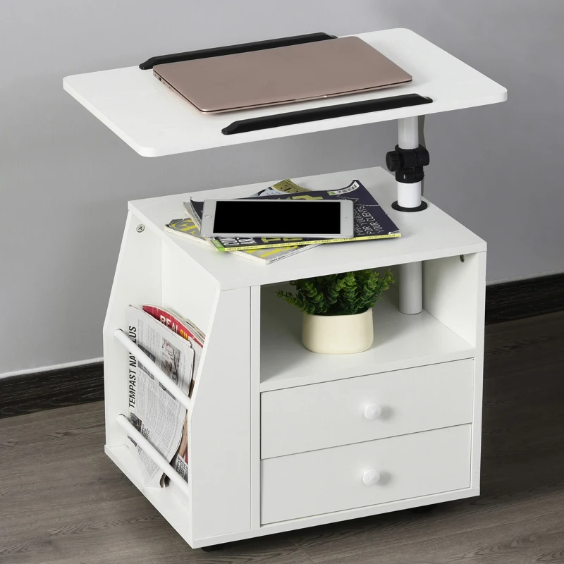 HOMCOM Modern End/Side Table for Living Room with a 360° Adjustable Height Tabletop & Storage Drawers, White