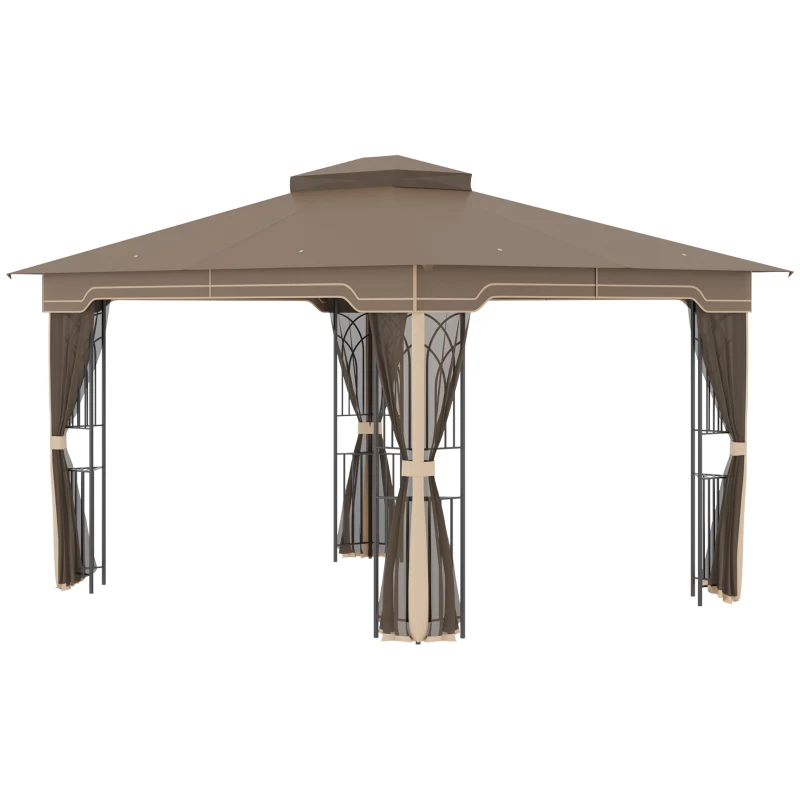 Outsunny 12' x 10' Soft-top Patio Gazebo Covered Gazebo Backyard Tent with Double Tier Roof and Netting Sidewalls, Brown