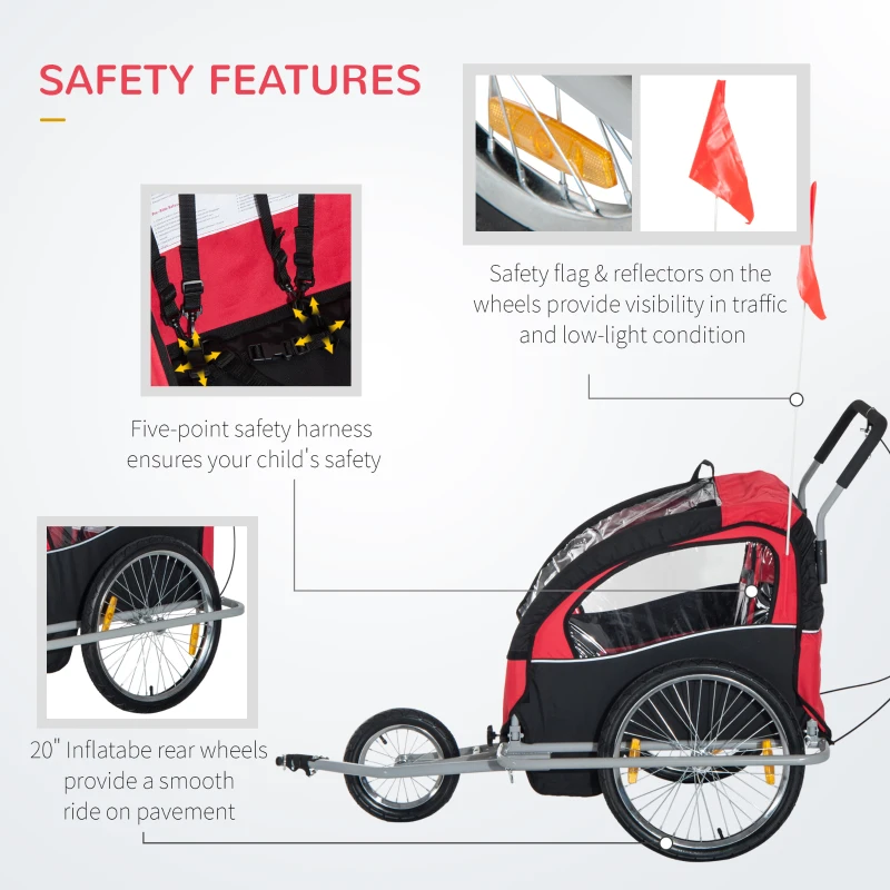 Aosom Elite Three-Wheel Bike Trailer for Kids Bicycle Cart for Two Children with 2 Security Harnesses & Storage, Red