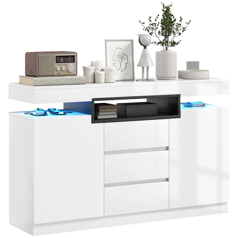 HOMCOM Sideboard Storage Cabinet with LED Lights, White