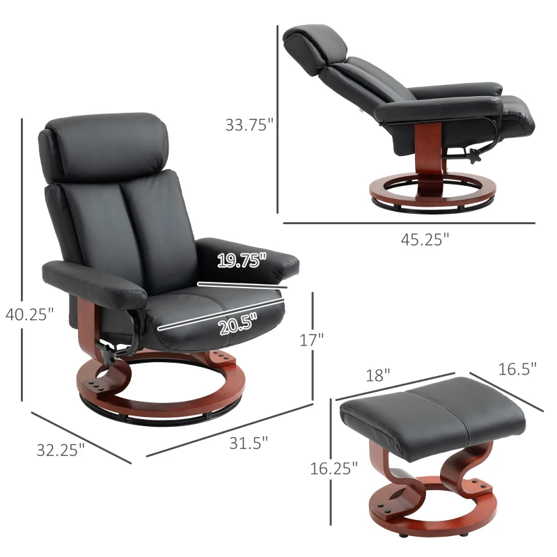 HOMCOM Recliner Chair with Ottoman, 360° Swivel Reclining Chair with Wood Base and Matching Footrest, Black