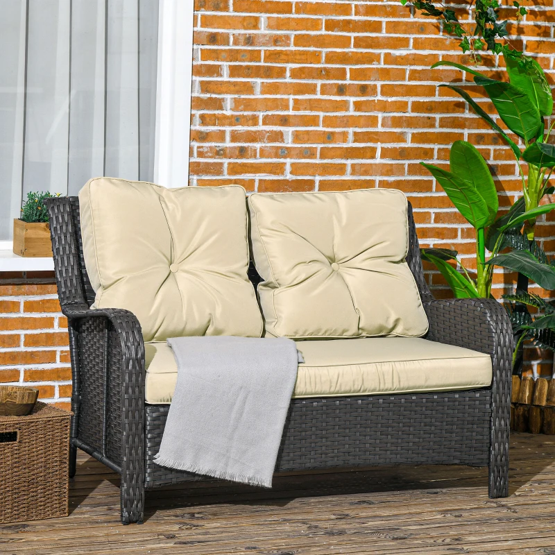 Outsunny 2-Seater Outdoor Sofa w/ 4" Thick Cushions, Outdoor Couch, Beige