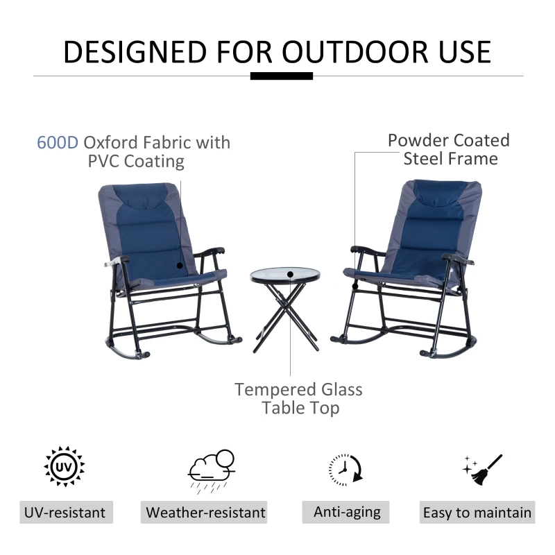 Outsunny 3pc Patio Foldable Rocking Chair Set, Outdoor Rocking Chairs and Table Bistro Set w/ Padded Seat, Headrest, Backrest for park, backyard, garden, Blue