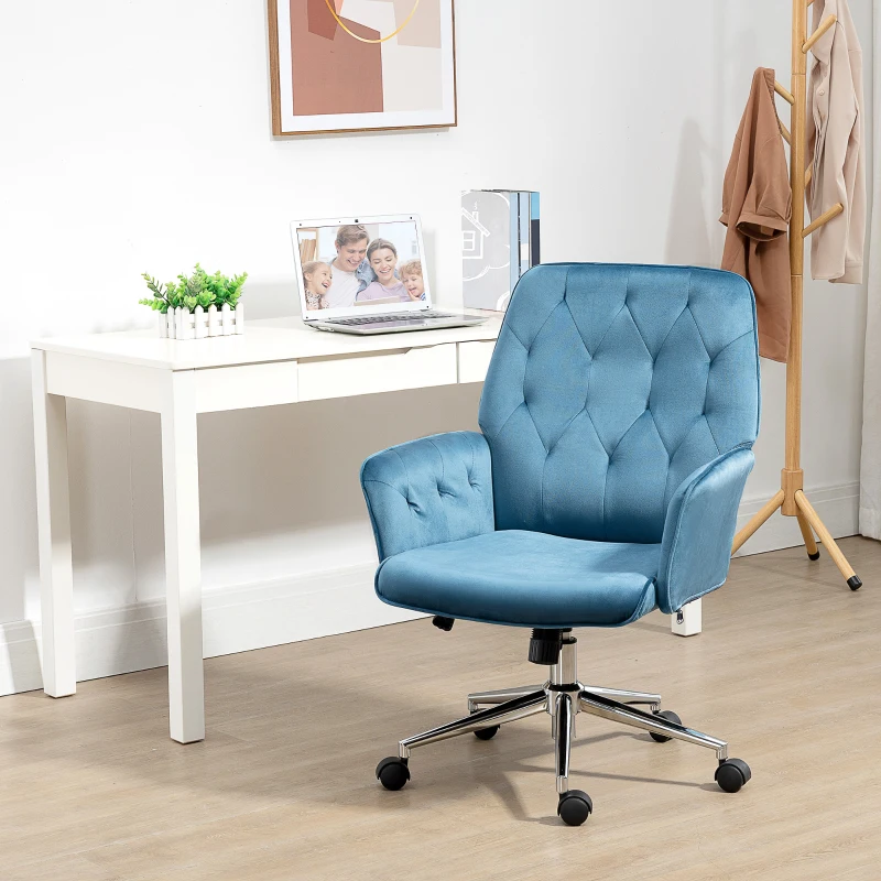 Vinsetto Velvet Home Office Chair, Tufted Height Adjustable Computer Desk Chair with Swivel Wheels and Padded Armrests, Blue