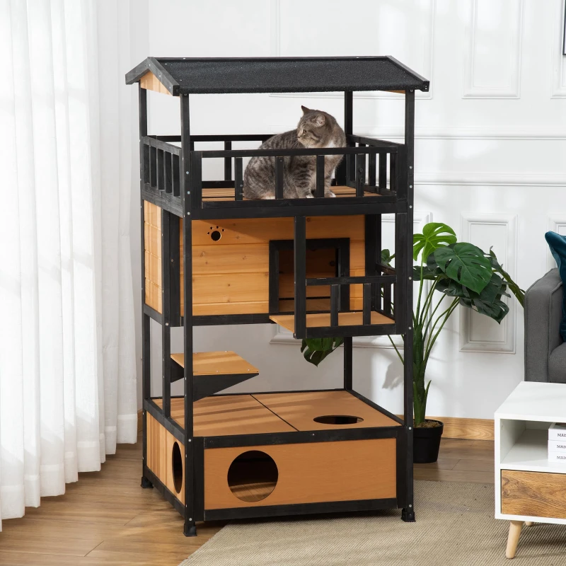 PawHut Wooden Outdoor Cat House, Feral Cat Shelter Kitten Condo with Asphalt Roof, Escape Doors, Condo, Jumping Platform, Yellow