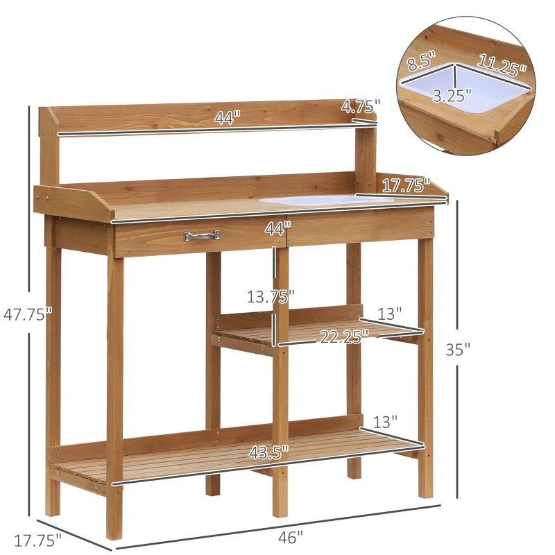 Outsunny 47.75" Potting Bench Table Garden Work Bench Workstation with Drawer, Removable Sink, Storage Shelves and Hooks, Natural