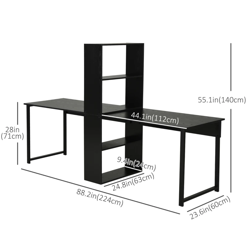 HOMCOM 2-Person Computer Desk with Storage Shelves, Double Study Table with Bookshelf, Writing Desk for Laptop, PC, Home Office Workstation, Black