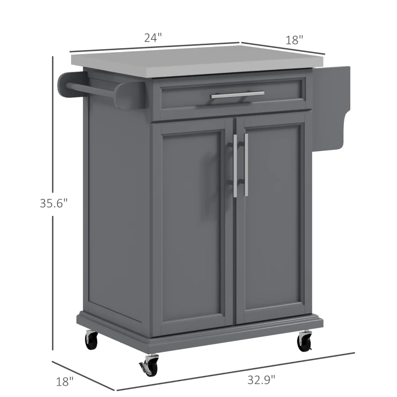 HOMCOM Kitchen Island on Wheels, Rolling Kitchen Cart with Stainless Steel Countertop, Drawer, Towel Rack and Spice Rack, Utility Storage Trolley, Gray