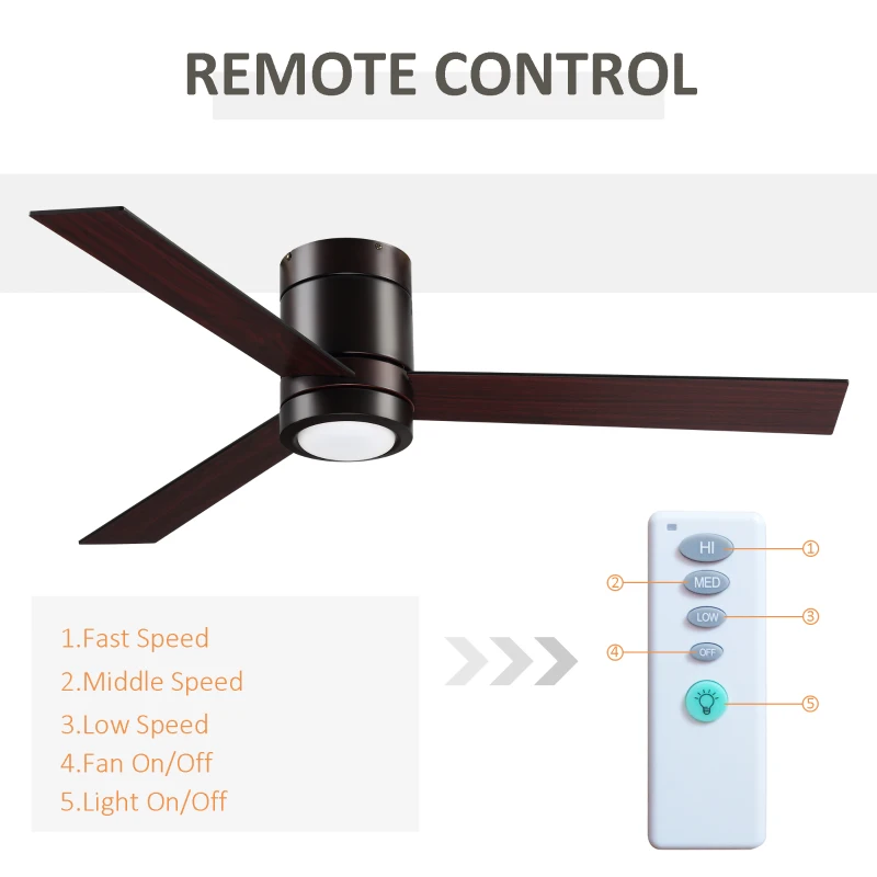 HOMCOM Mount Ceiling Fan with Light, Modern Indoor LED Lighting Fan with Remote Controller, for Bedroom, Living Room, Brown