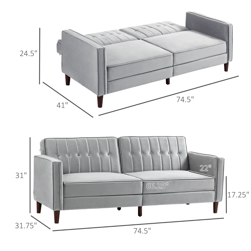 HOMCOM 3 Seater Sofa Bed with Reclining Split Back & Rubber Wood Legs, Light Gray