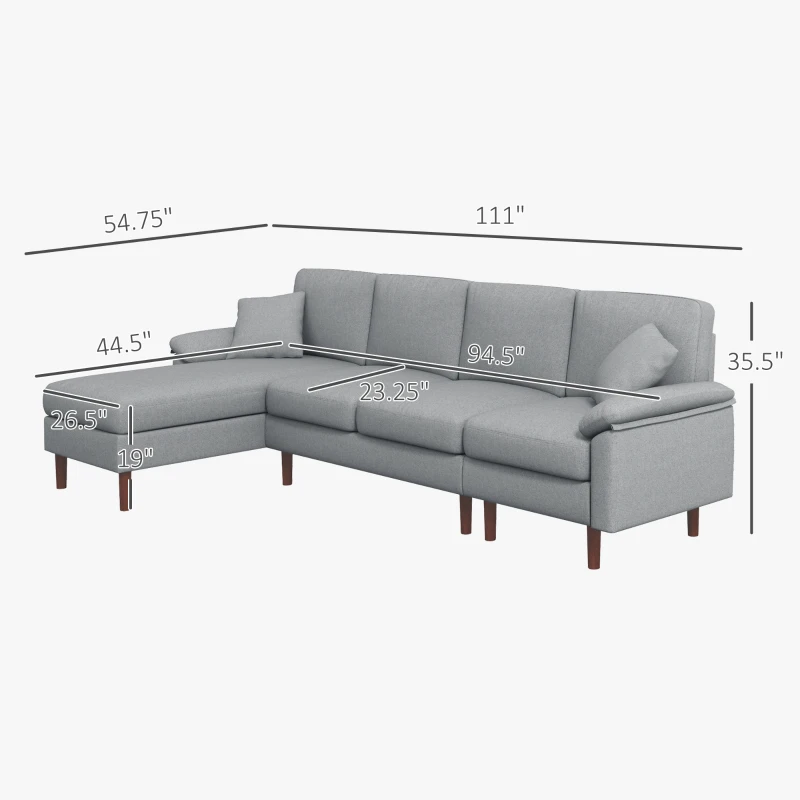 HOMCOM L Shape Sofa, Modern Sectional Couch with Reversible Chaise Lounge, Pillows and Wooden Legs for Living Room, Gray