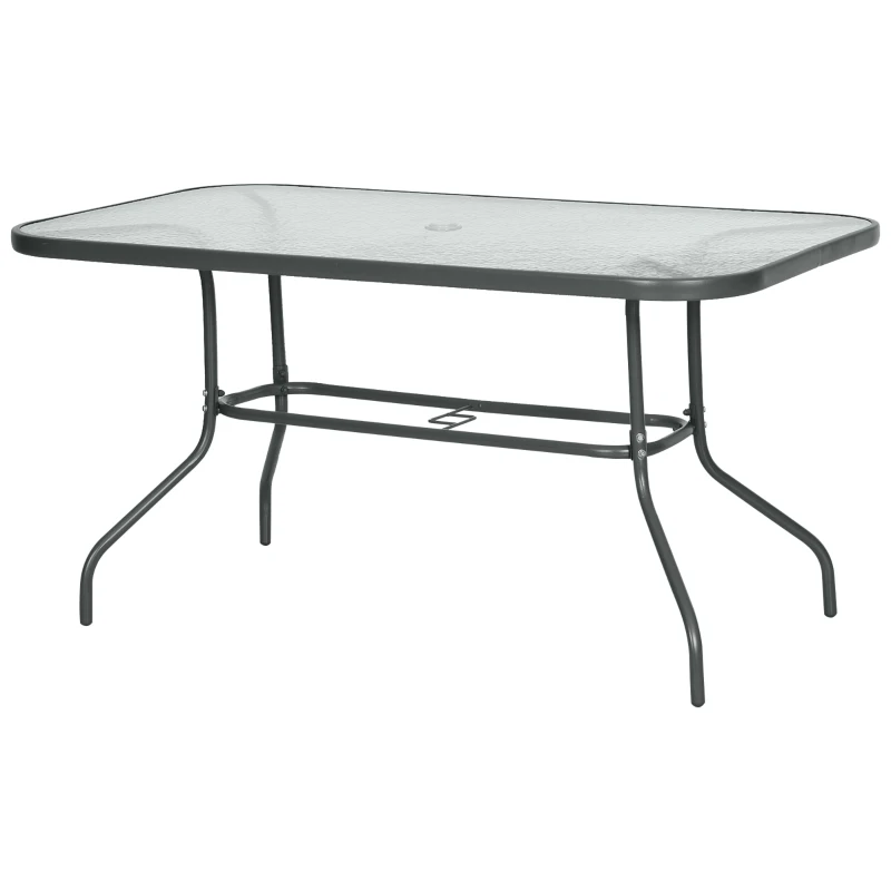 Outsunny Metal Garden Dining Table with Umbrella Hole, Outdoor Patio Table with Tempered Glass Top, 55" x 31.5"