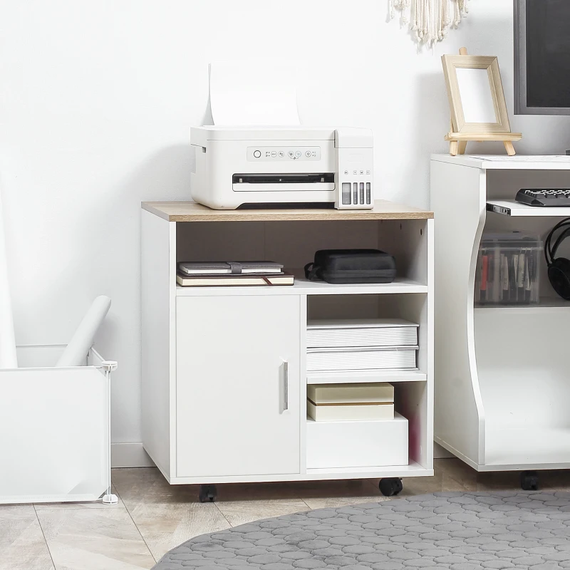 HOMCOM Printer Stand Multipurpose Moveable Filing Cabinet with Ample Inner Storage Space & 4 Easy-Rolling Wheels, White