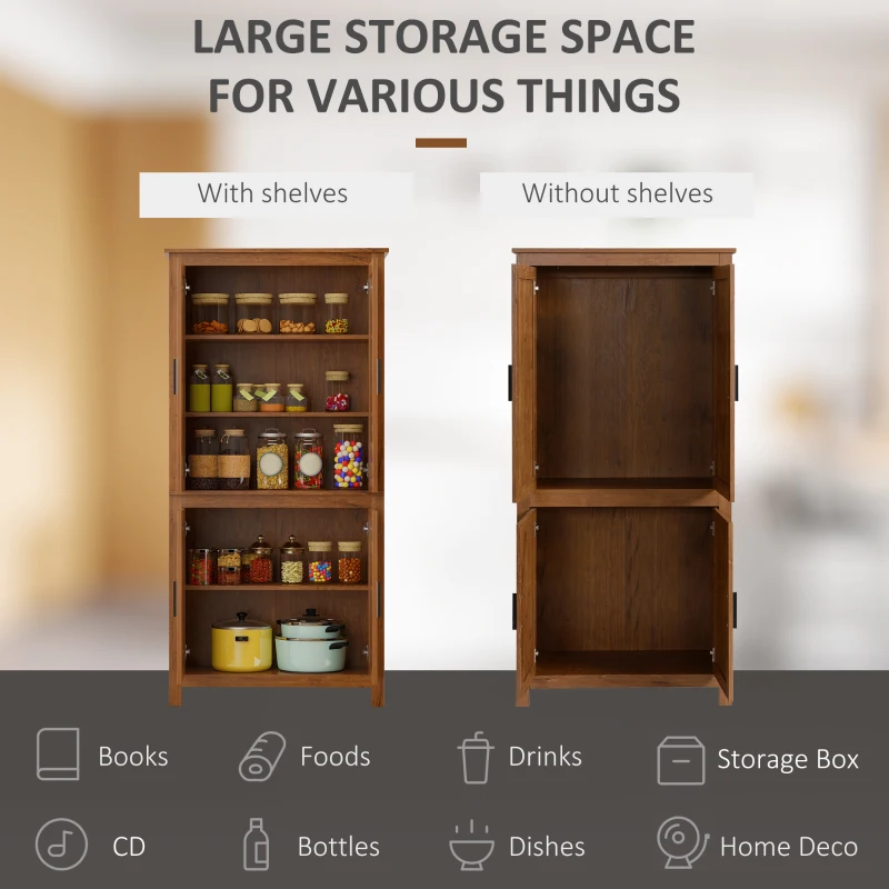 HOMCOM 64" 4-Door Kitchen Pantry, Freestanding Storage Cabinet with 3 Adjustable Shelves for Kitchen, Oak