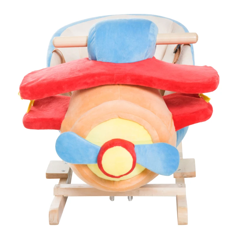 Qaba Baby Rocking Horse Plane Design Plush Stuffed Rocking Chair, Wooden Rocking Horse with Sound, Seat Belt for Boys and Girls Gift, Red