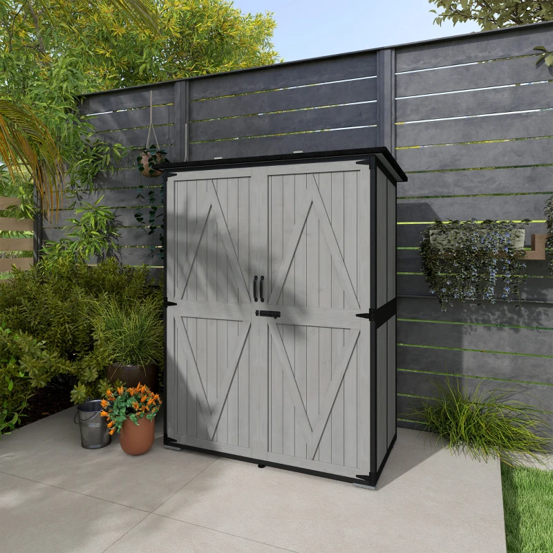 Outsunny Wood Storage Shed, Outdoor Garden Shed with Asphalt Roof, 2 Shelves, Lockable Doors and Adjustable Feet, Gray