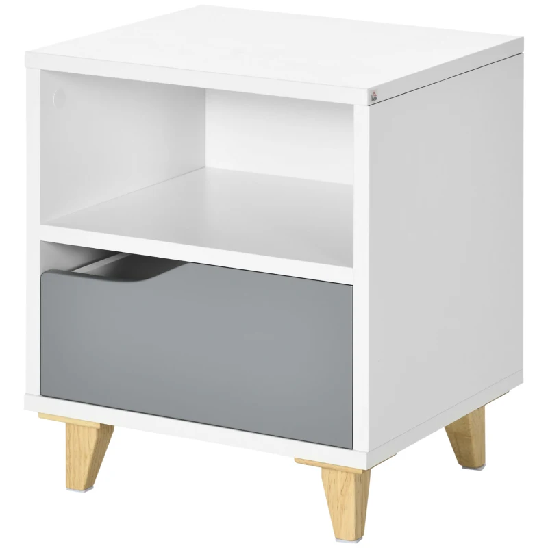 HOMCOM Modern Bedside Table, Side End Table with Shelf, Drawer and Wood Legs, 14.5" x 13" x 17.2", White and Grey