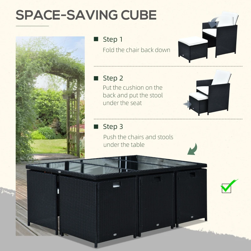 Outsunny 11 Pieces Wicker Patio Dining Set Outdoor Furniture Set with Removable Cushions, Glass Top Dining Table, PE Rattan Conversation Set for Garden Poolside Backyard, Black