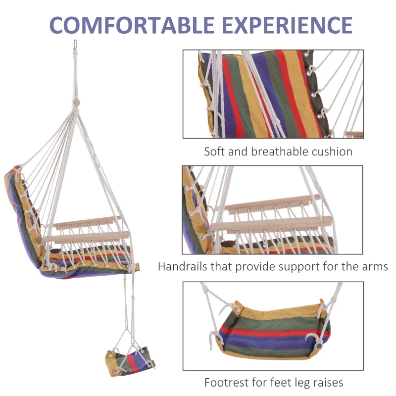 Outsunny Patio Hammock Chair, Portable Hanging Cotton Rope Hammock Swing Chair Sleeping Bed Seat with Footrest for Outdoor Garden Yard Camping Red