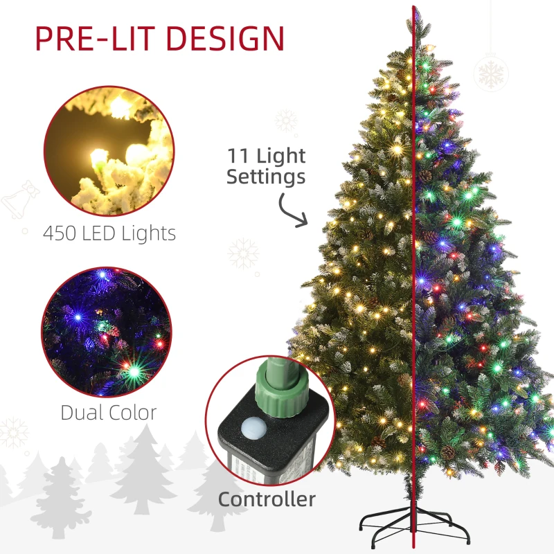 HOMCOM 7 Foot Prelit Artificial Christmas Tree with Dual Colour LED Light, Hinged Xmas Tree for Home Office Holiday