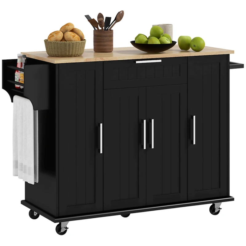 HOMCOM Modern Rolling Kitchen Island Cart with Drawers, Natural Wood Top, Towel Rack, Door Storage Cabinet, Black