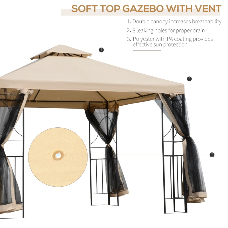 Outsunny 10x10ft Patio Gazebo, Outdoor Double Top Pavilion Canopy, Garden Event Party Tent Shelter, Yard Sun Shade Steel Frame w/ Mosquito Netting and Storage Tray