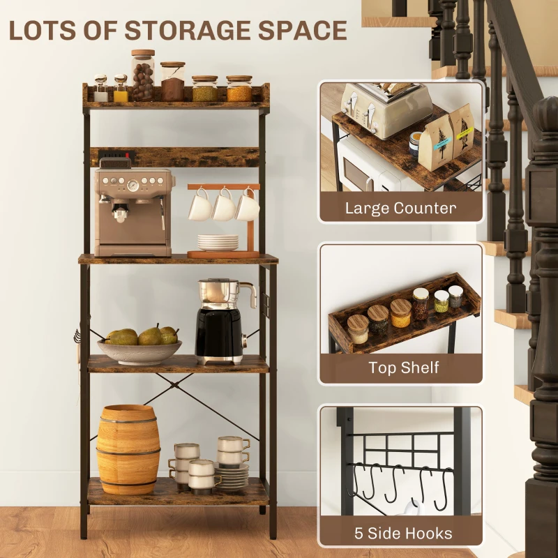 HOMCOM Kitchen Baker's Rack with Power Outlet, Coffee Bar Station with Adjustable Shelves and Hooks, Rustic Brown