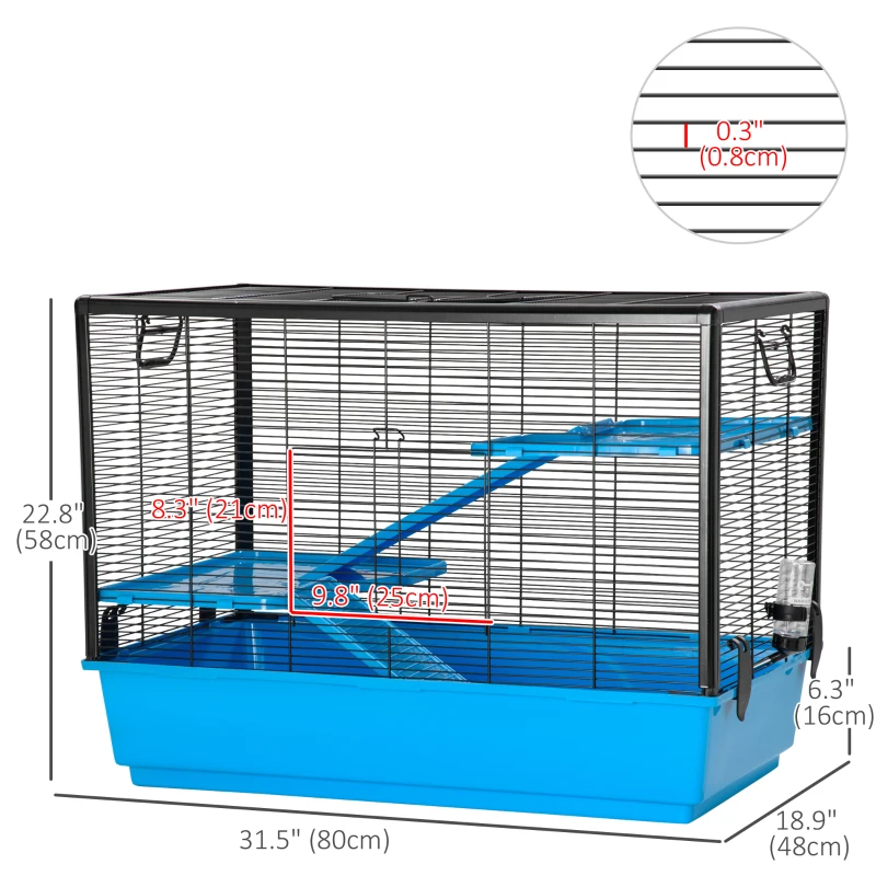 PawHut 3-tier Hamster Cage, Guinea Pig Cage with Accessories Food Dish Water Bottle, Ramps, 31.5"x19"x 23", Light Blue