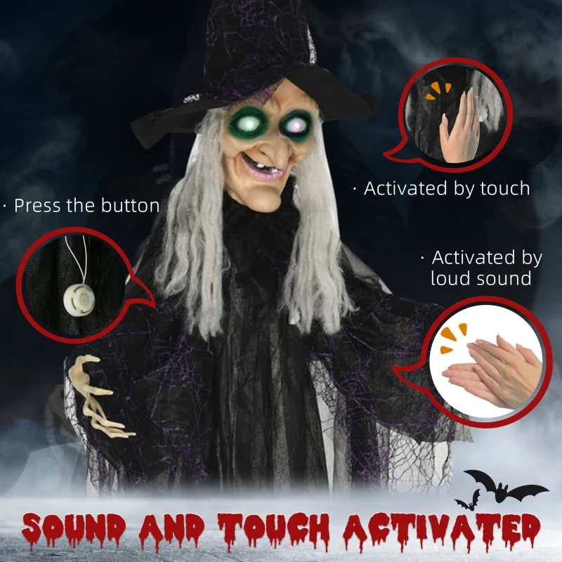 HOMCOM 6' Life Size Black Witch Outdoor Halloween Decoration, Halloween Prop w/ Light Up Eyes