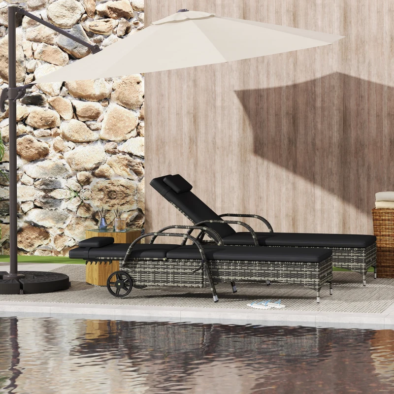 Outsunny 2 Reclining Chaise Lounge Chairs, Rolling Outdoor Chairs with Cushion, Pillow, Headrest, Armrests, and Wheels, Black