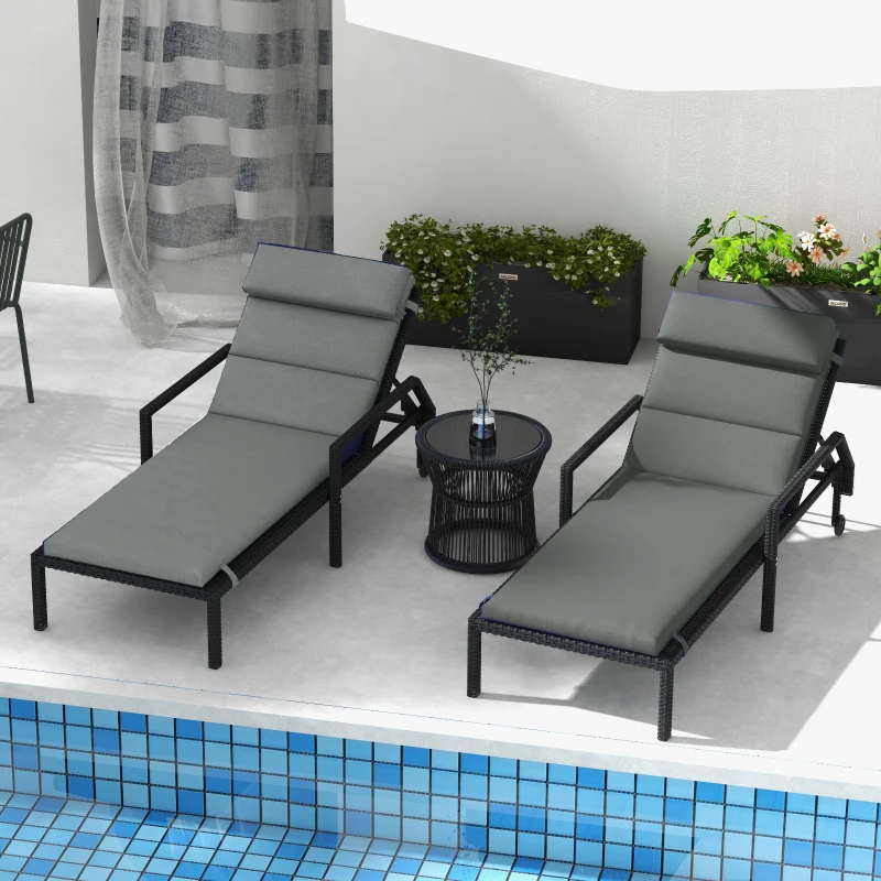 Outsunny Patio Chaise Lounge Chair Cushions Replacement Sun Lounger Pads with Headrest and Ties, Set of 2, Grey