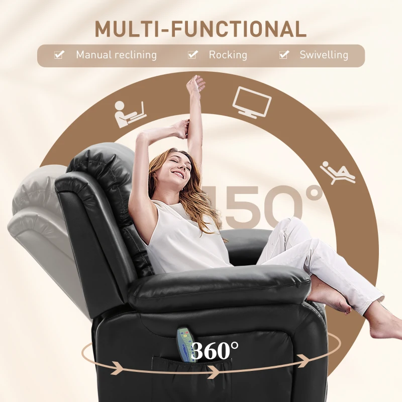 HOMCOM PU Leather Massage Recliner Chair, Swivel Rocker Sofa with Remote Control, Footrest, Padded Seat, Manual Reclining Chair for Living Room, Bedroom, Black