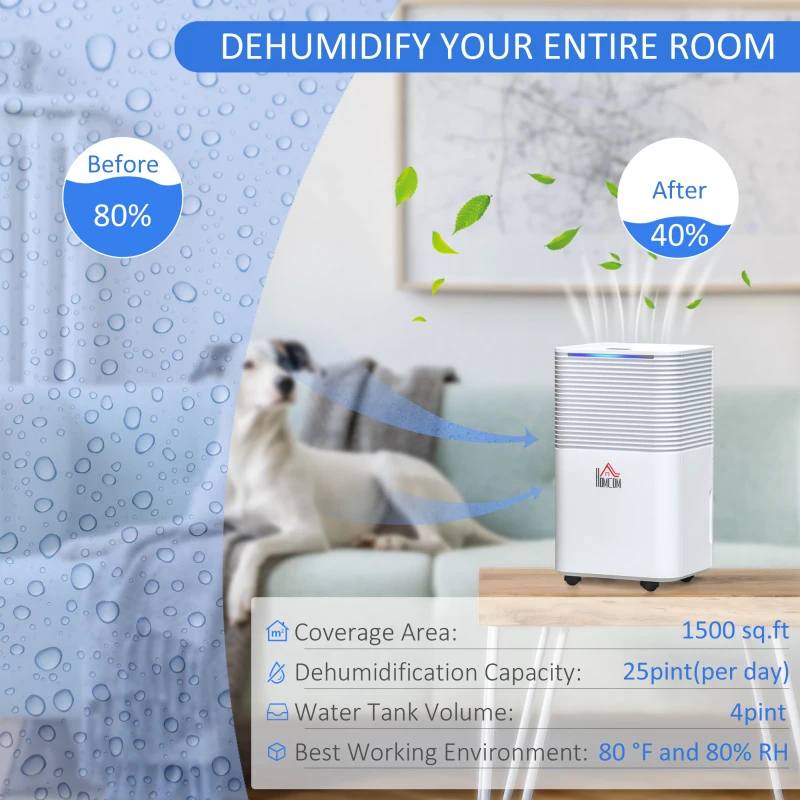 HOMCOM 1500 Sq. Ft Portable Electric Dehumidifiers with 3 Color Lights, LED Display, Quiet Dehumidifier for Basements, Bedroom, Bathroom, Closet, RV, 25pt/Day, White