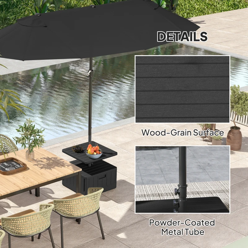 Outsunny 3-in-1 Outdoor Umbrella Base with Table Tray, Coffee End Table, Planter Box with Drain Hole, 175 lbs. Capacity Heavy Duty Fillable Patio Umbrella Stand Table with Wheels and Handles, Black