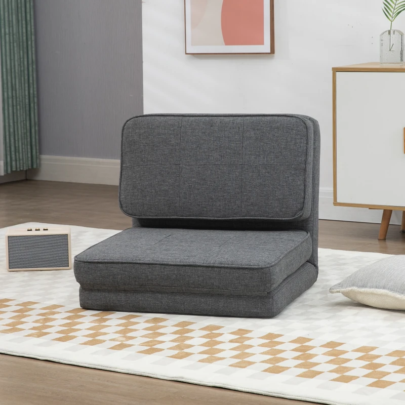 HOMCOM Convertible Flip Chair, Folding Upholstered Floor Sofa, Adjustable Guest Chaise Lounge, Dorm Bed with Metal Frame for Living Room and Bedroom, Dark Gray