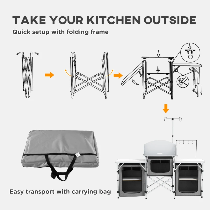 Outsunny Aluminum Camping Kitchen, Portable Folding Camping Table with Fabric Cupboards, Windshield, Bag for BBQ, Picnic, Gray