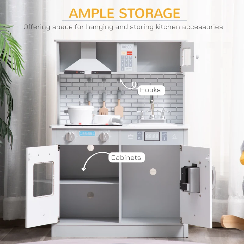 Qaba Play Kitchen with Sink, Microwave, and Ice Machine, Kids Kitchen Playset with Sound Effects and Lights, Pretend Toy Set for 3+ Years Old