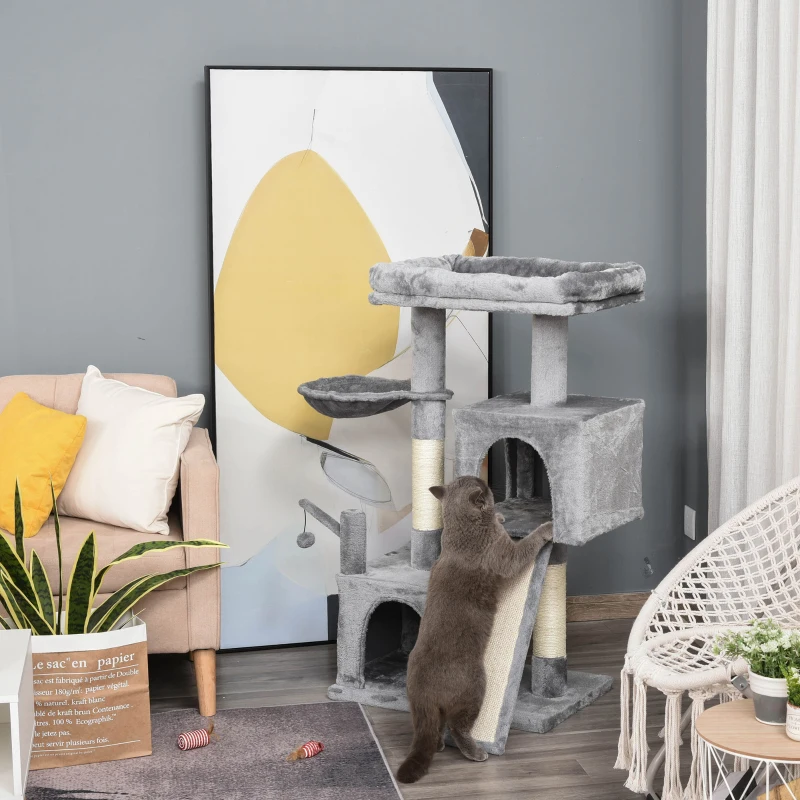 PawHut Cat tree Tower Climbing Kitten Activity Center Furniture with Sisal Scratching Post Pad Hammock Perch Condo Hanging Balls 23.5" x 15.75" x 43.75" Grey
