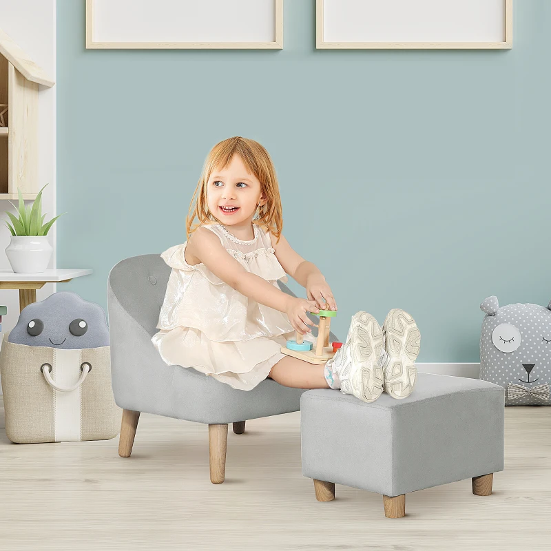 Qaba Kids Sofa Set, Toddler Chair, Sofa & Ottoman for Bedroom, Playroom, Children's Couch for 3-5 Years, Grey