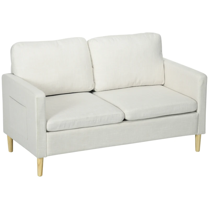 HOMCOM 56" 2 Seat Sofa, Modern Love Seats Furniture, Upholstered 2 Seater Couch with Side Pockets, Solid Steel Frame, White