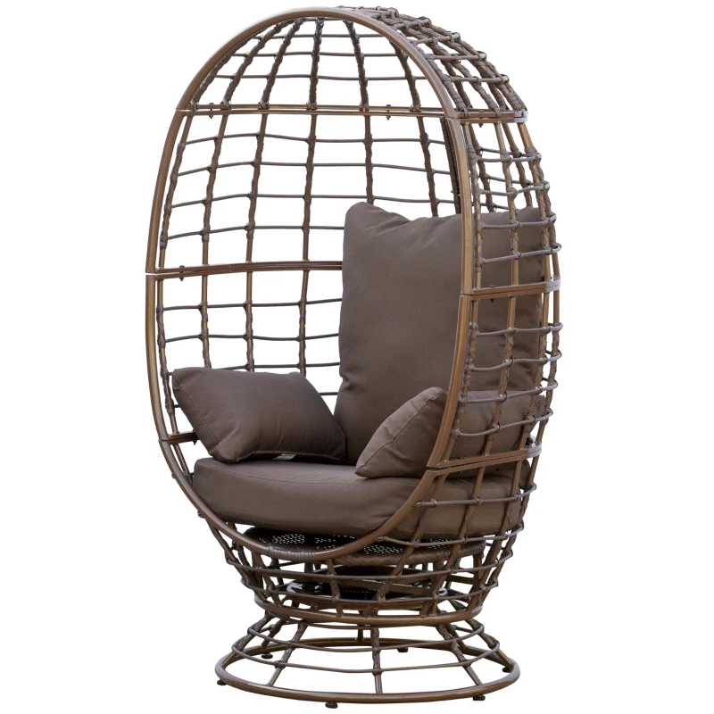 Outsunny Wicker Egg Chair, 360 Rotating Indoor Outdoor Boho Basket Seat with Cushion and Pillows for Backyard, Porch, Patio, Garden, Handwoven All-Weather PE Rattan, Steel Frame, Brown