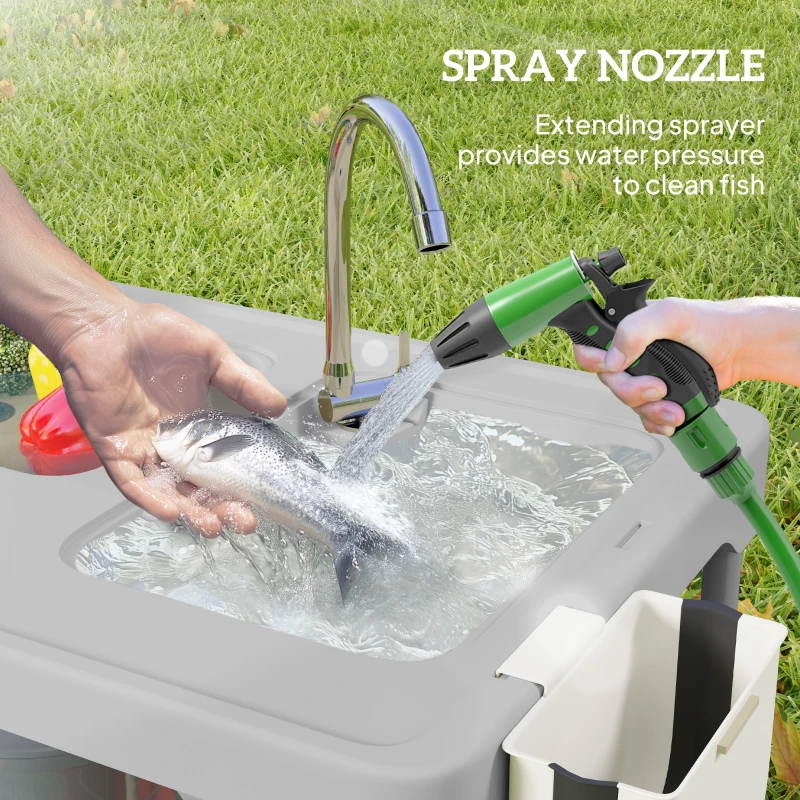 Outsunny Folding Fish Cleaning Table with Sinks, Portable Camping Sink Table with Faucet, Drainage Hose, Sprayer, Shelf, Drawer and Storage Basket, Outdoor Fillet Table for Picnic Beach Patio, Gray