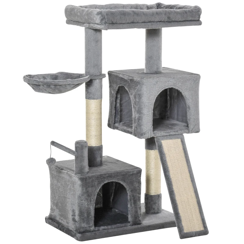 PawHut Cat tree Tower Climbing Kitten Activity Center Furniture with Sisal Scratching Post Pad Hammock Perch Condo Hanging Balls 23.5" x 15.75" x 43.75" Grey