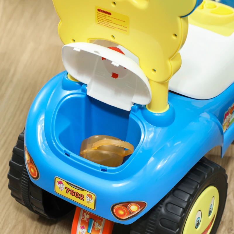 Qaba Foot to Floor Toddler Push Car w/ Horn, Light, Music, Anti-Over-Backwards Device & Underseat Storage, Blue