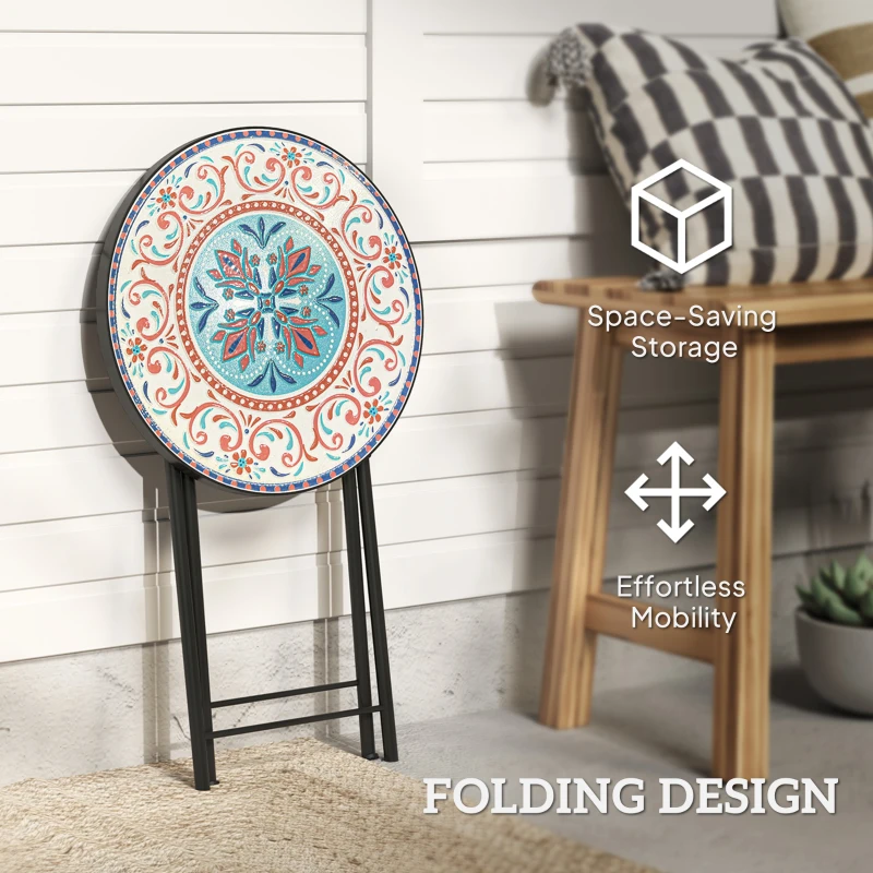 Outsunny Mosaic Outdoor Patio Side Table, 14" Round Folding Outdoor Coffee Table with Steel Frame for Balcony Deck Patio Terrace, Mixed Colour