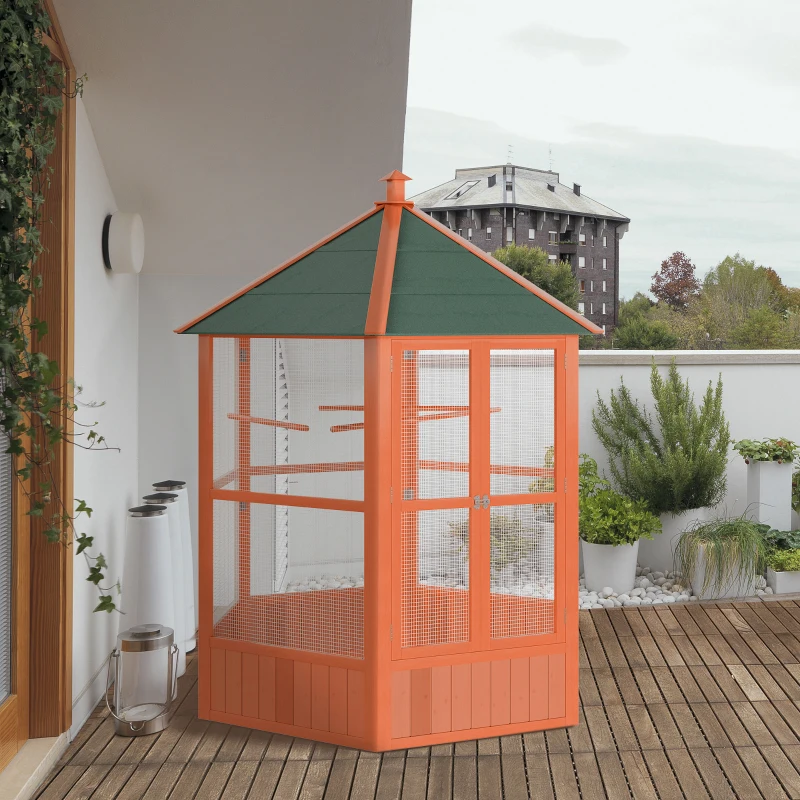 PawHut 70"H Wooden Bird Cage Hexagonal Outdoor Aviary with Doors