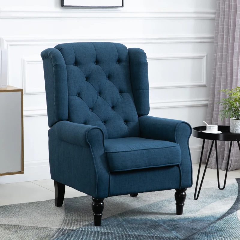 HOMCOM Button-Tufted Accent Chair with High Wingback, Rounded Cushioned Armrests and Thick Padded Seat, Set of 2, Blue