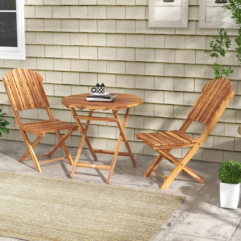Outsunny Foldable Outdoor Bistro Set, Balcony Furniture, 3-Piece Patio Set for Backyard, Deck, Porch, Natural Wood Finish