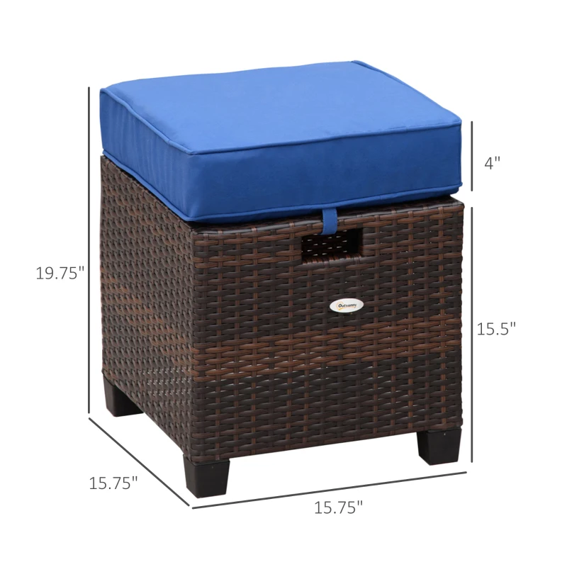 Outsunny 2 PCS Patio Wicker Ottoman Set, Two Square Outdoor PE Rattan Footrest with Removable Cushion, Freely Combined Furniture w/ Handle for Backyard, Garden, Poolside, Blue