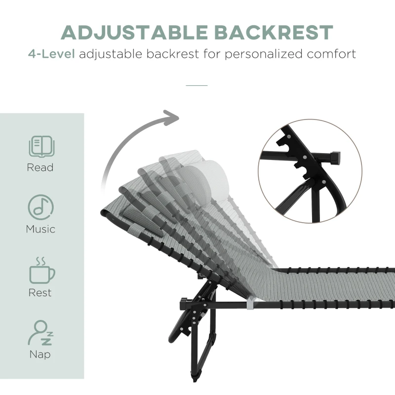 Outsunny Folding Lounge Chair, Adjustable Chaise Lounge with Headrest, Reclining Lounger Cot for Camping, Hiking, Light Grey